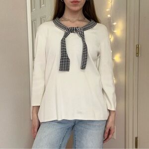 Cream 3/4 Sleeve Sweater With Houndstooth Tie Collar